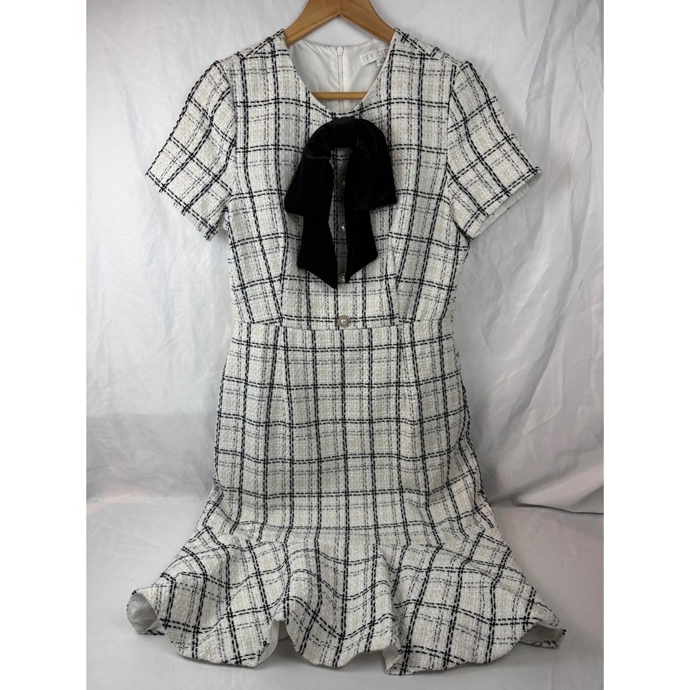 Ivy City Co White and Black Plaid Tweed  Dress with Black Bow
